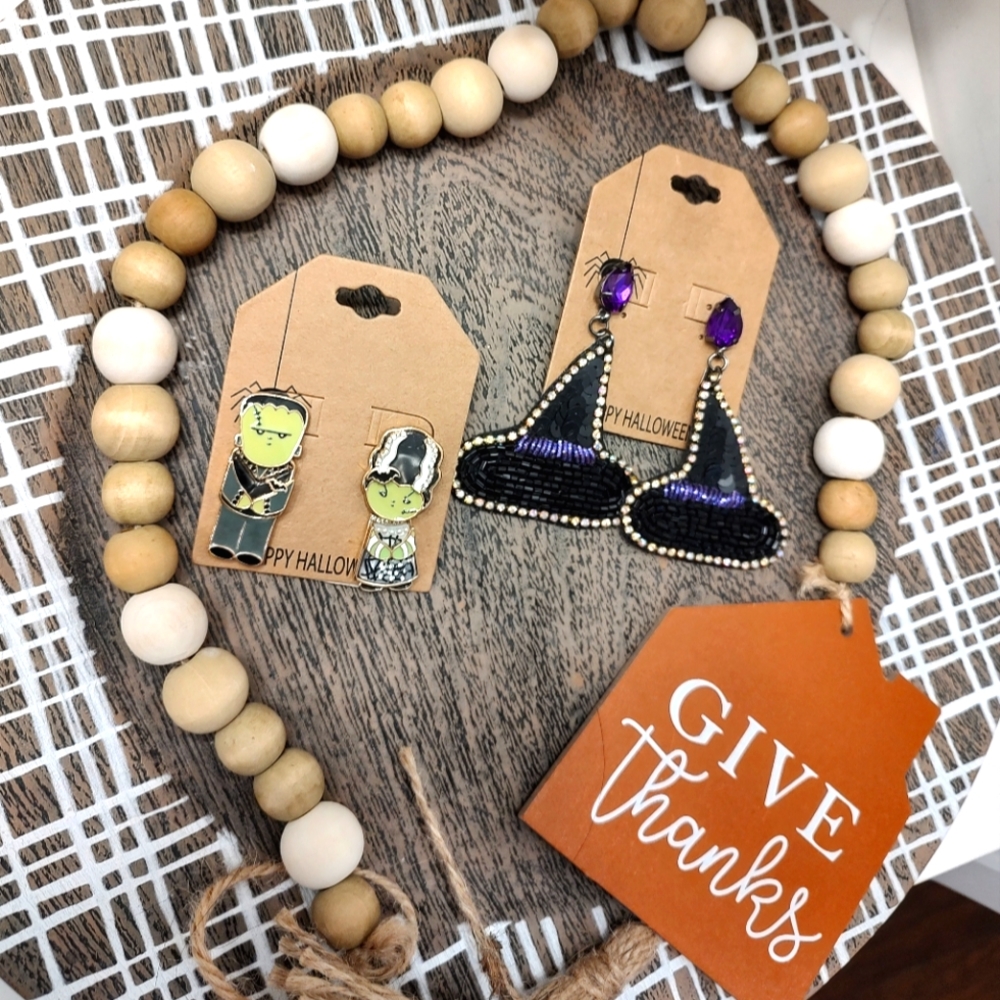 🎃NWT Bundle of 2 Halloween 👻 Theme Earrings, Witch Hats & Frankenstein, Cute!